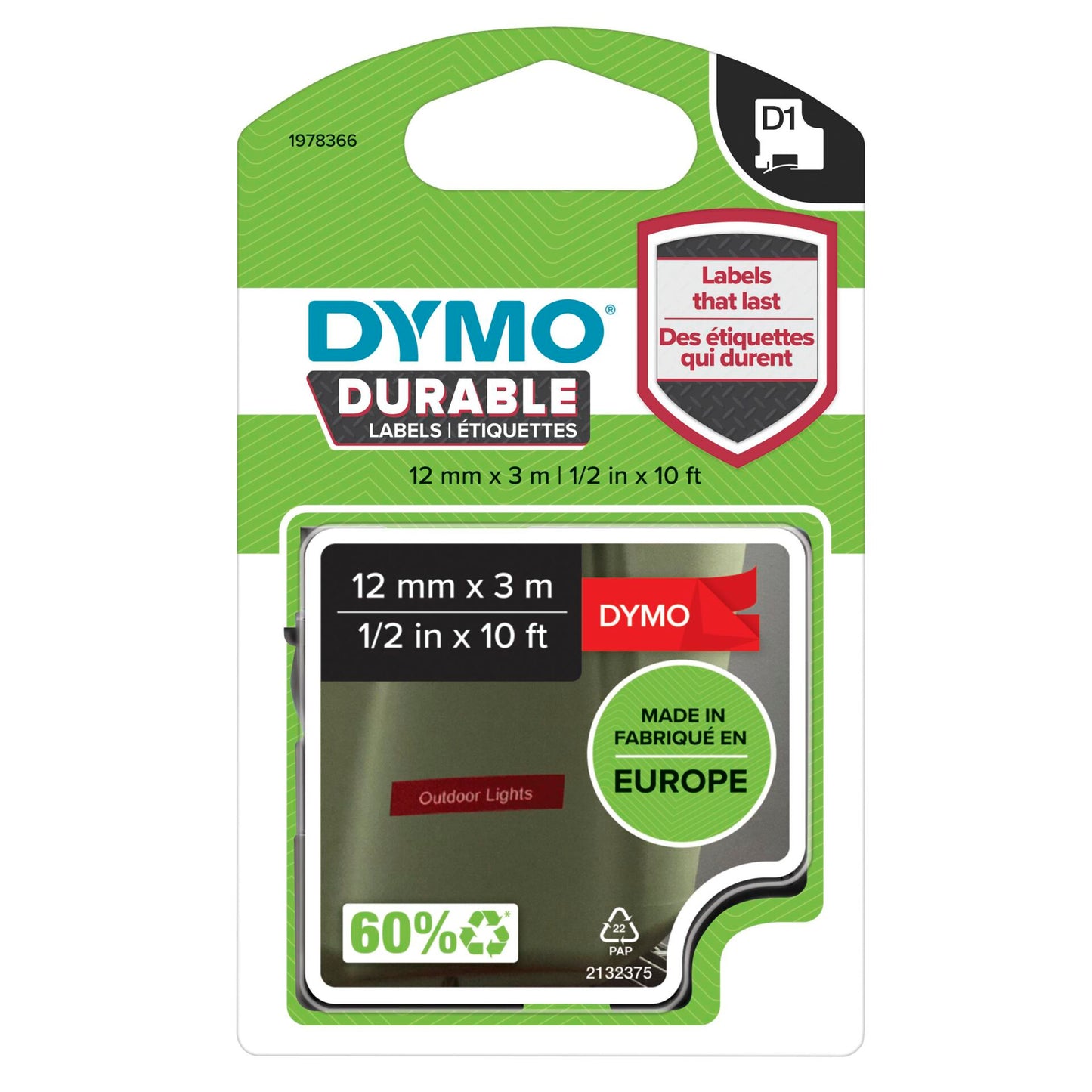 Dymo D1 Durable Labels 12 mm x 3 m white to red