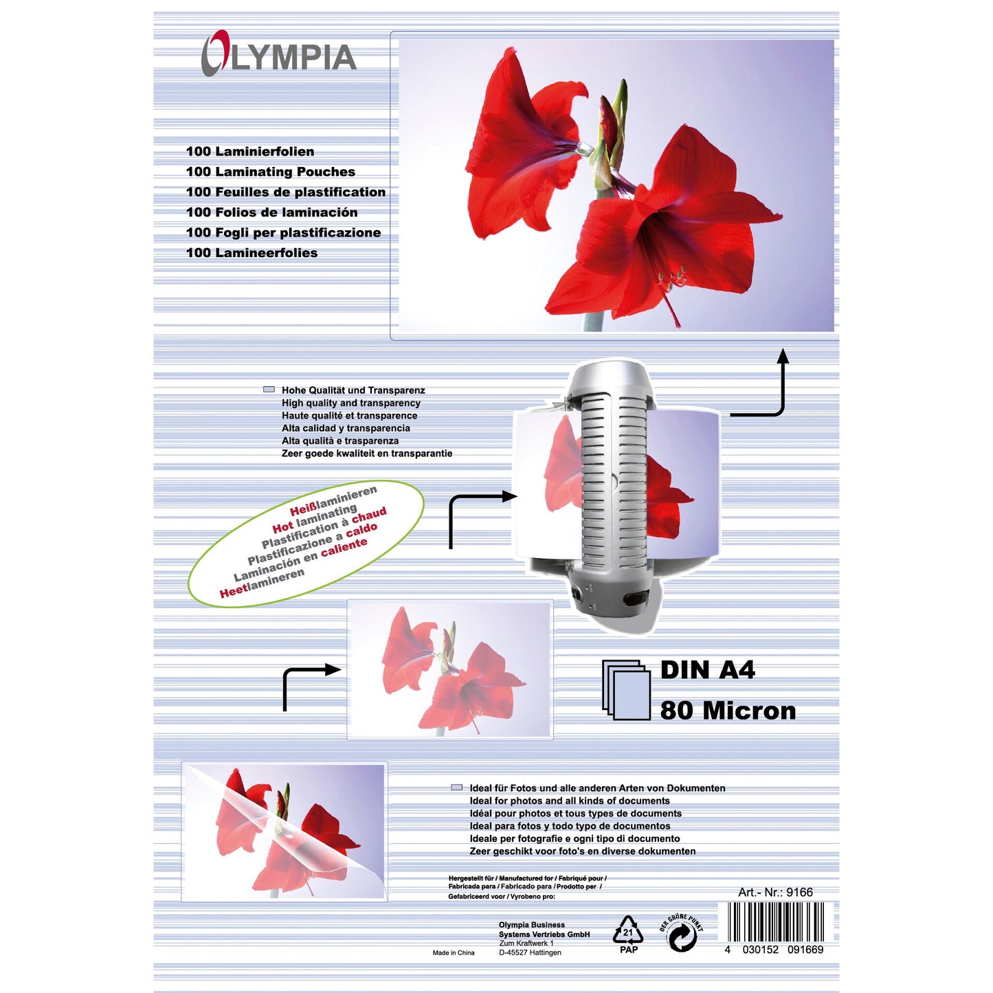 1x100 Olympia Laminating pouches DIN A4 80 micron 9166