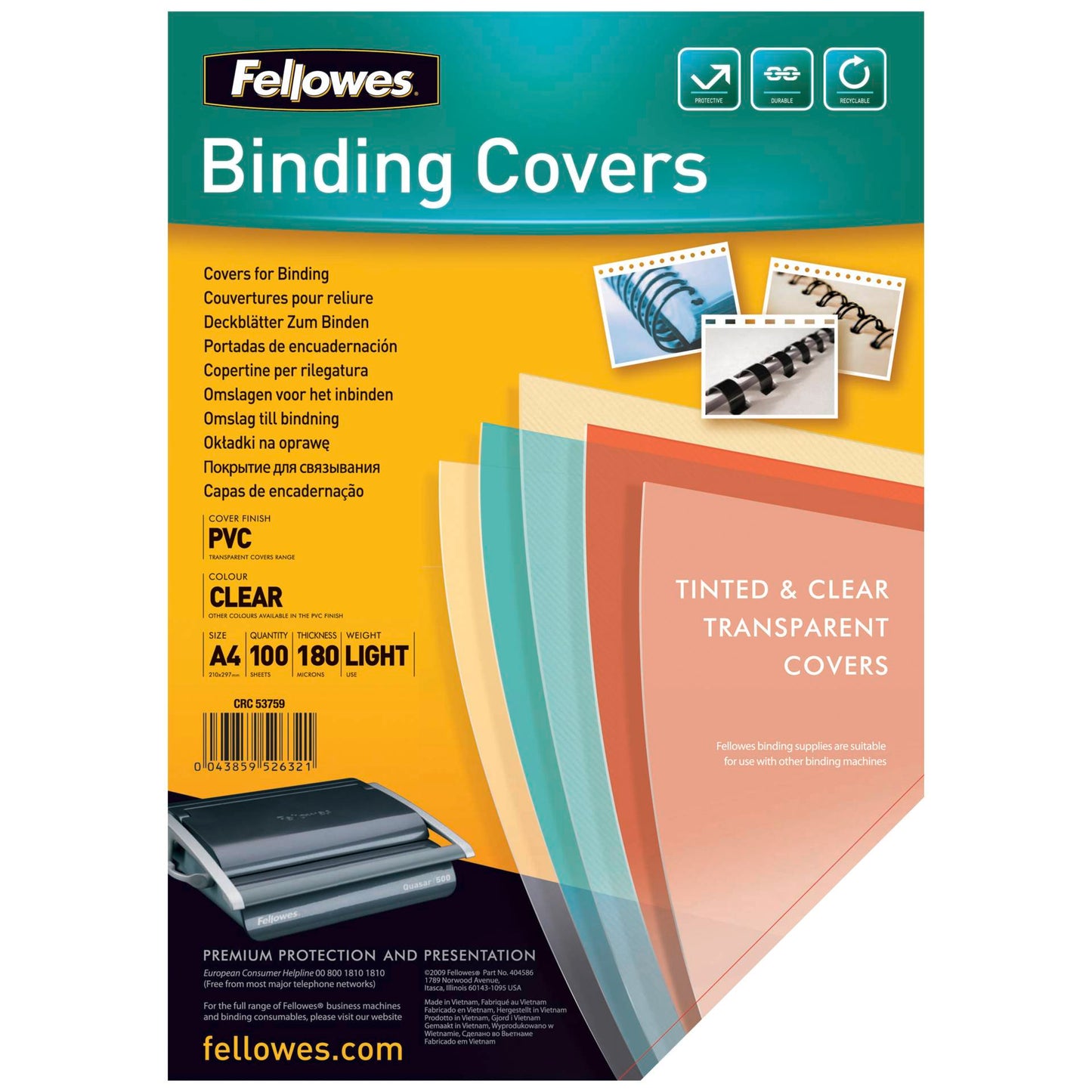 Fellowes Binding Covers A4 Clear PVC 180 Mikron