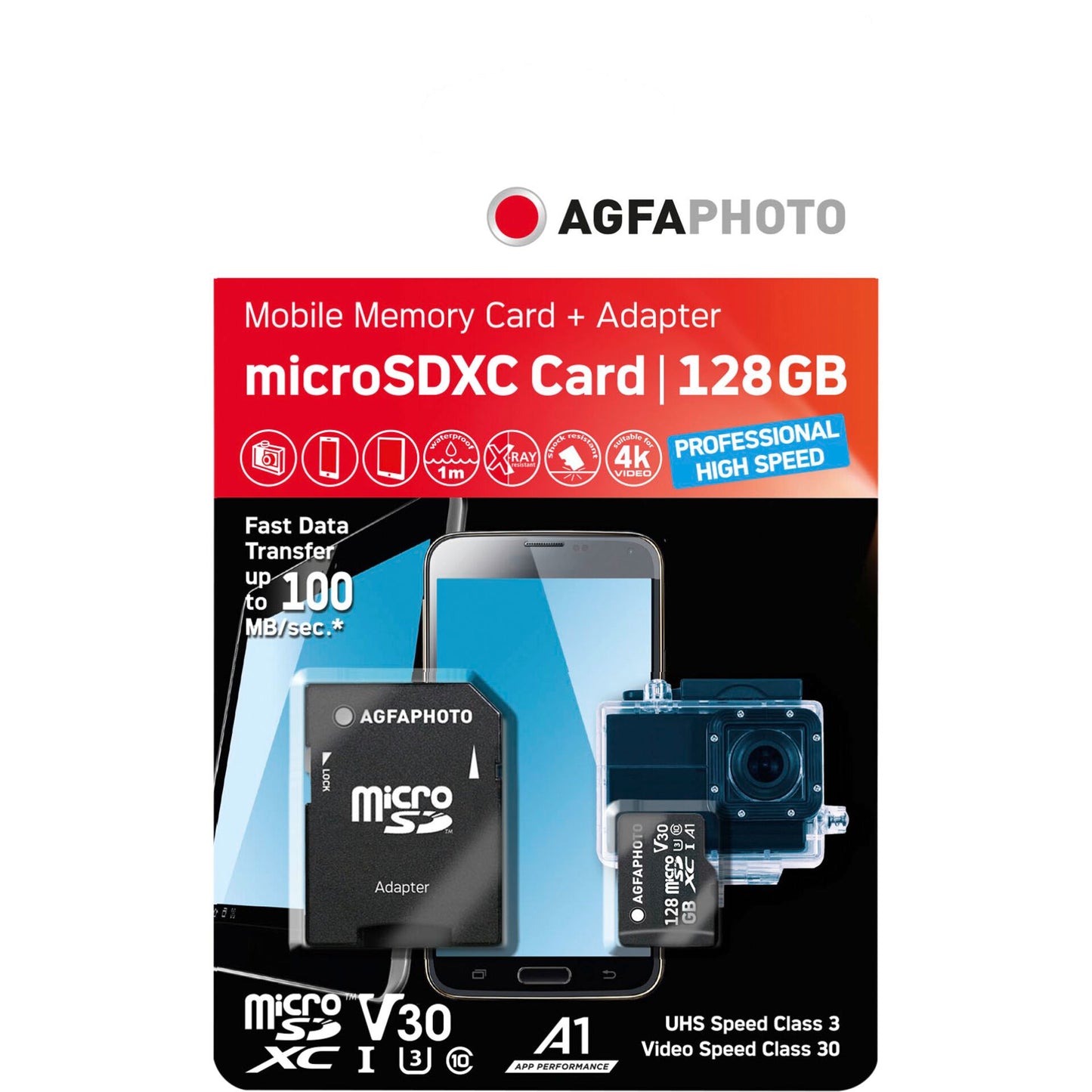 AgfaPhoto MicroSDXC UHS I 128GB Prof. High Speed U3 / V30 / A1