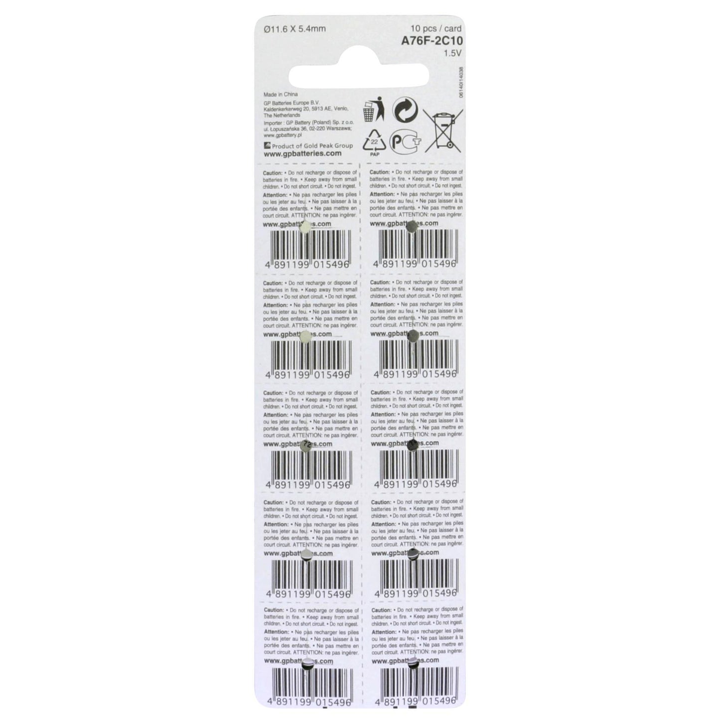 1x10 GP Alkaline LR44, 76A V13GA 1,5V
