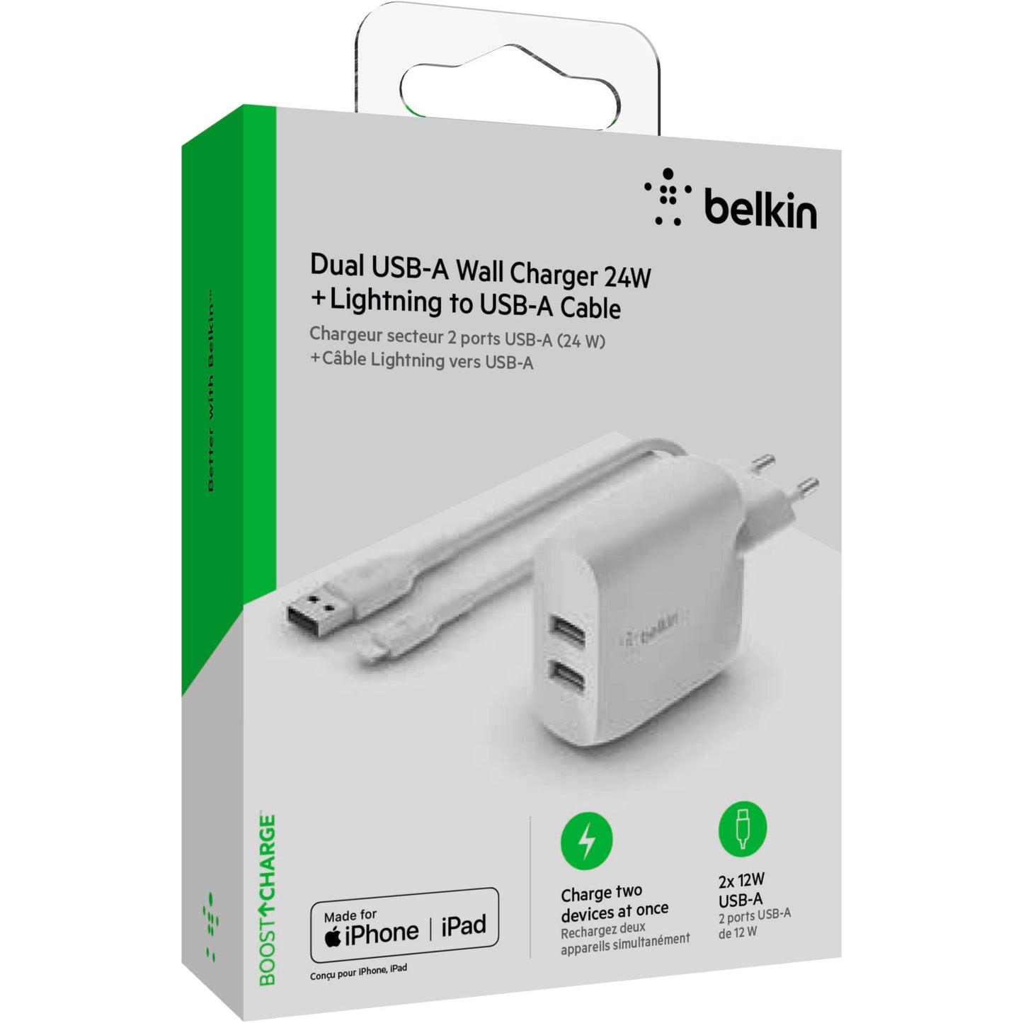 Belkin Dual USB-A Charger, 24W incl. Lightning Cable 1m, white