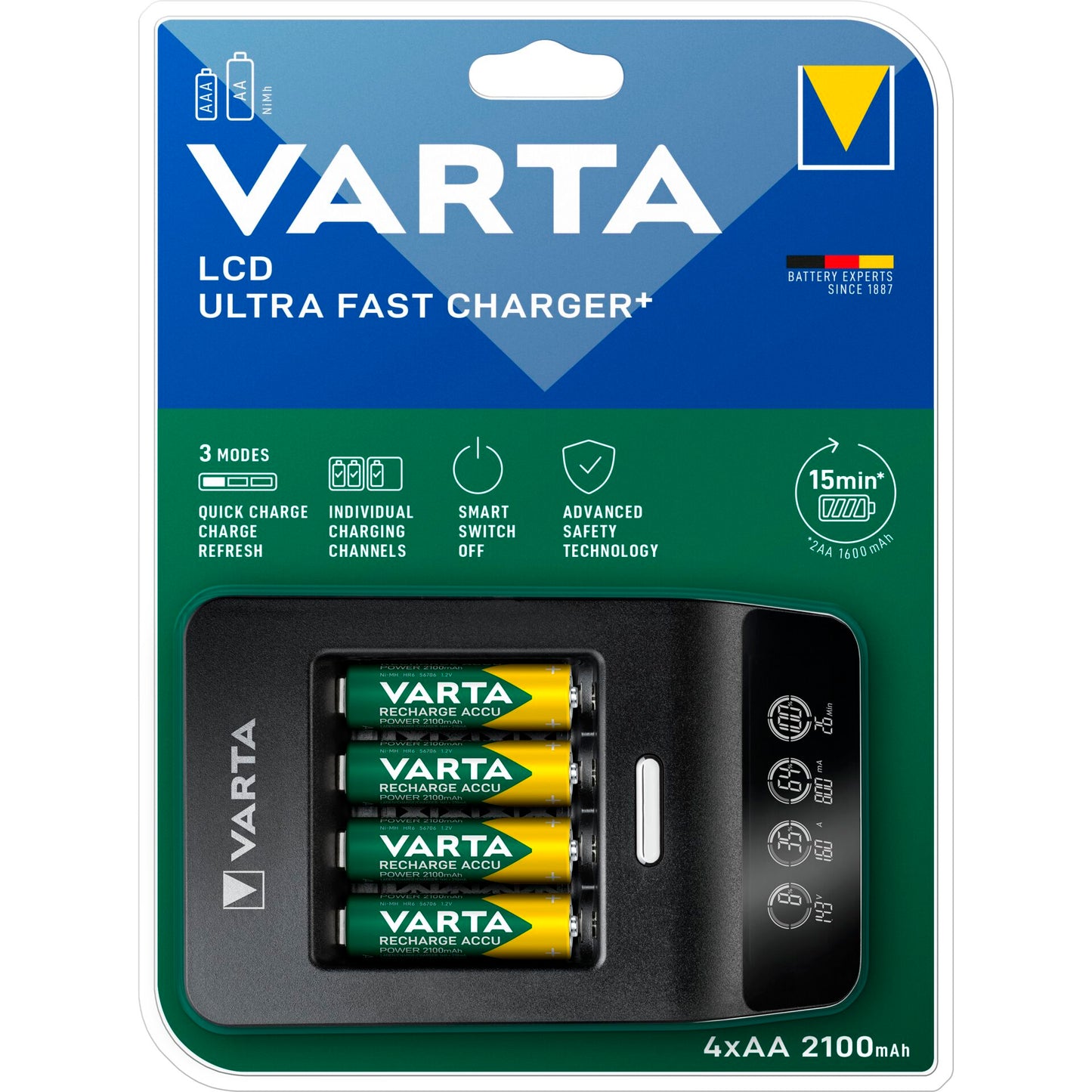 Varta LCD Ultra Fast Charger+ incl. 4 Batt. 2100 mAh AA + 12V