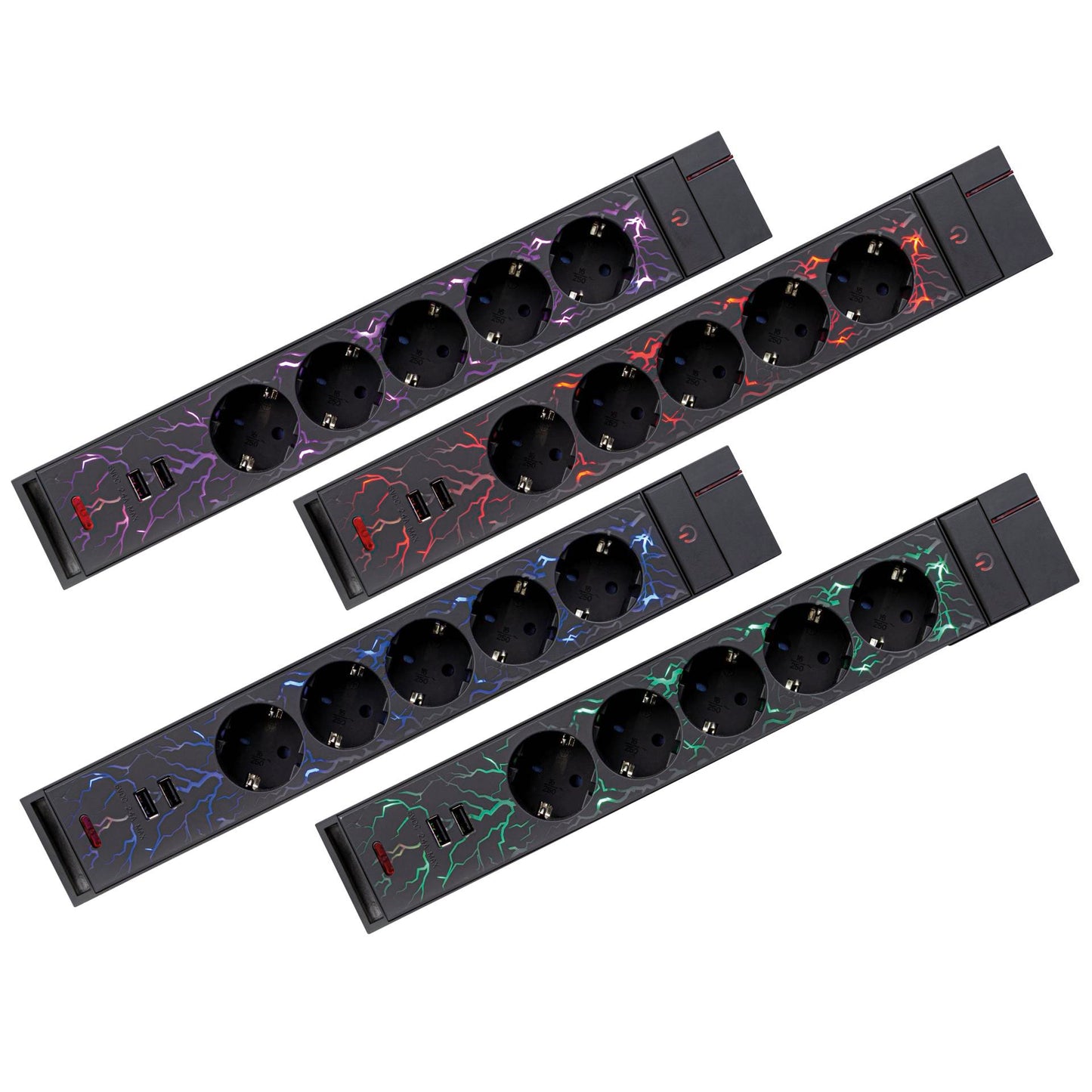 REV GAMER Multiple Socket 1,4m 5-fold 2xUSB incl. Color Setting