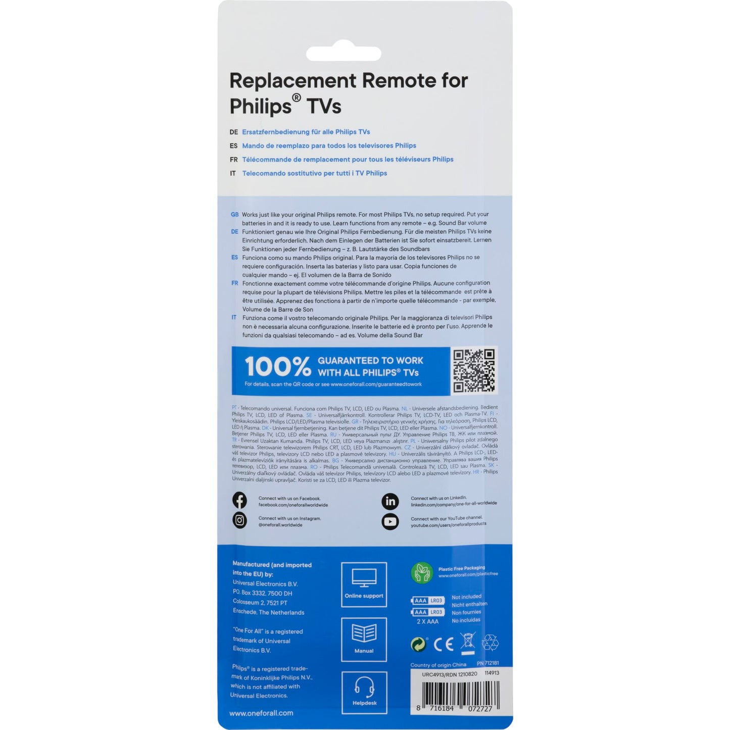 One for All Philips 2.0 Replacement Remote URC 4913