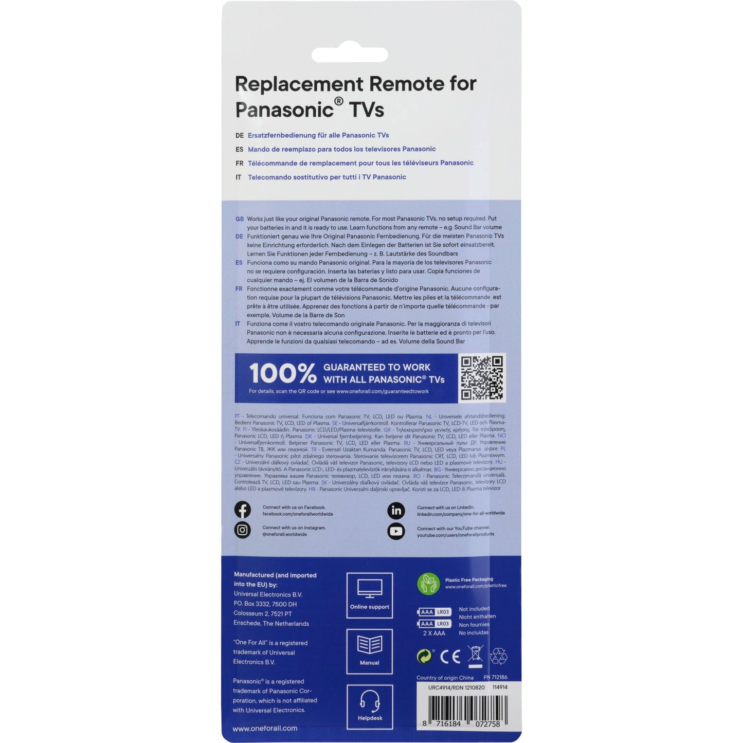 One for All Panasonic 2.0 Replacement Remote URC 4914