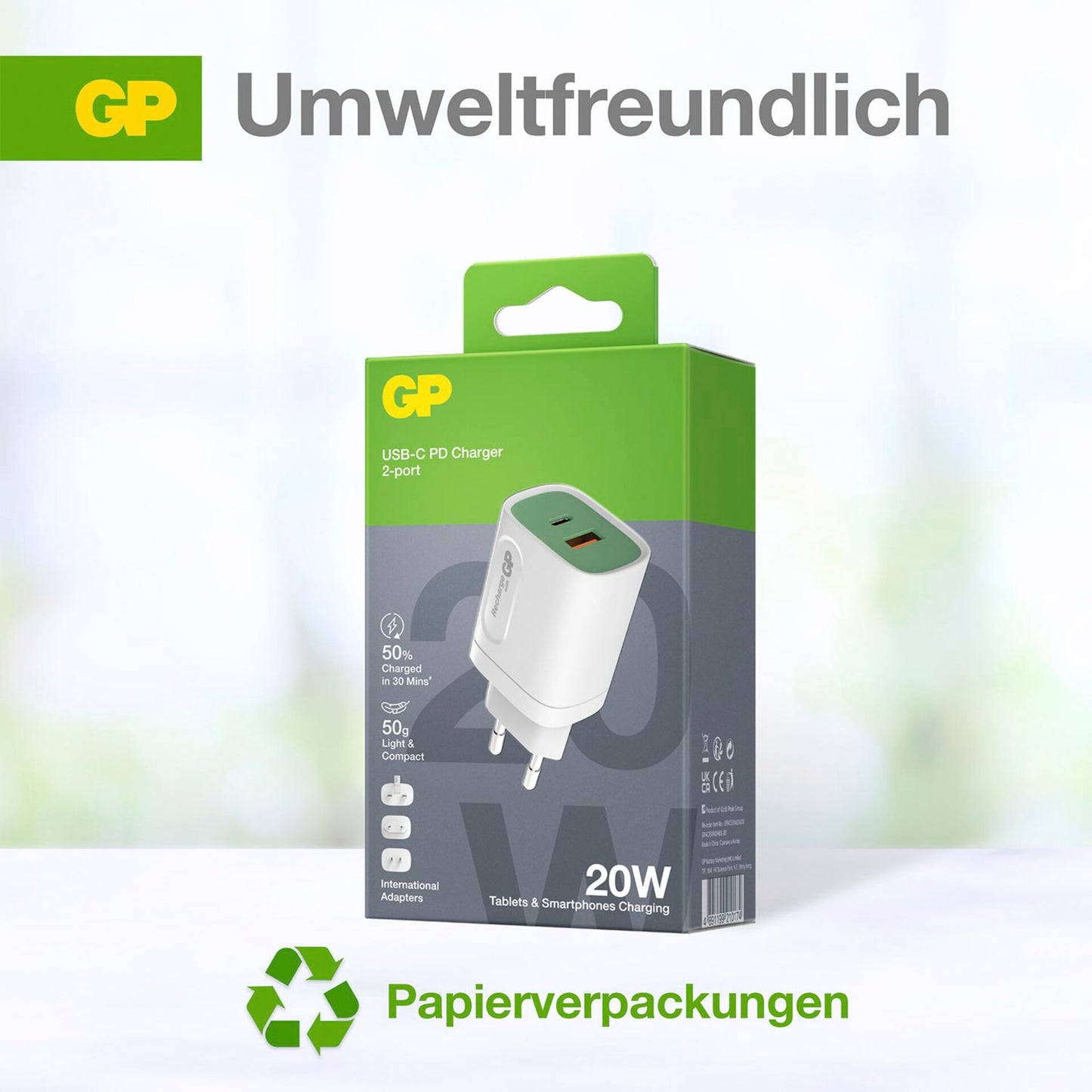 GP 20W USB-A & USB-C Charger incl. Adapter for EU,CN and UK