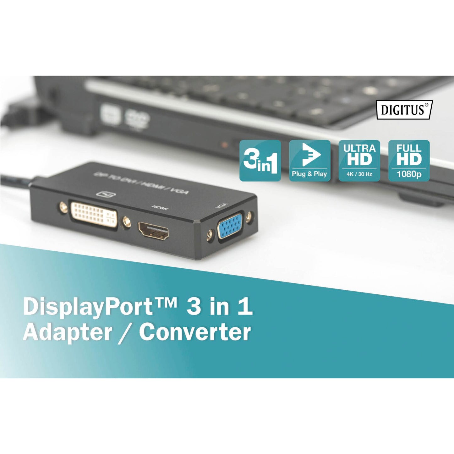 DIGITUS DisplayPort 3in1 Adapt/ Converter - DP-HDMI+DVI+VGA 20cm