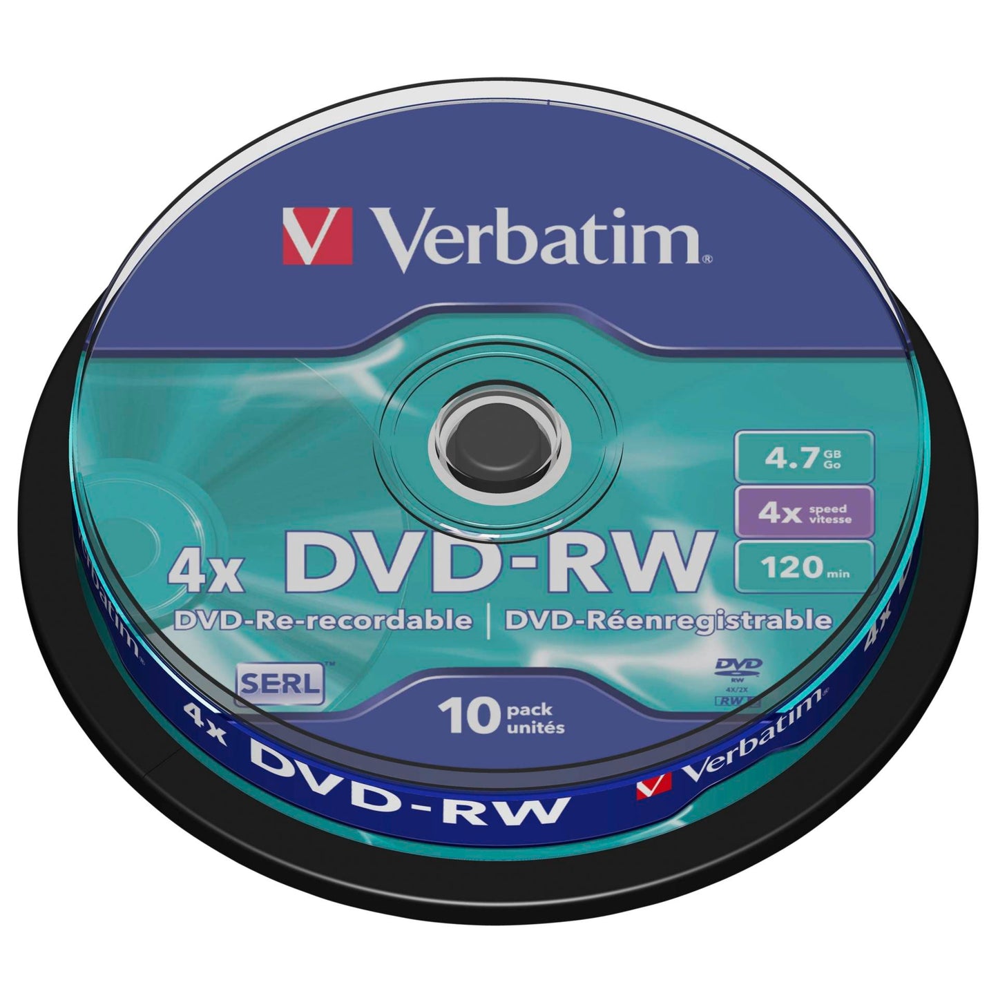 1x10 Verbatim DVD-RW 4,7GB 4x Speed, matte silver Cakebox
