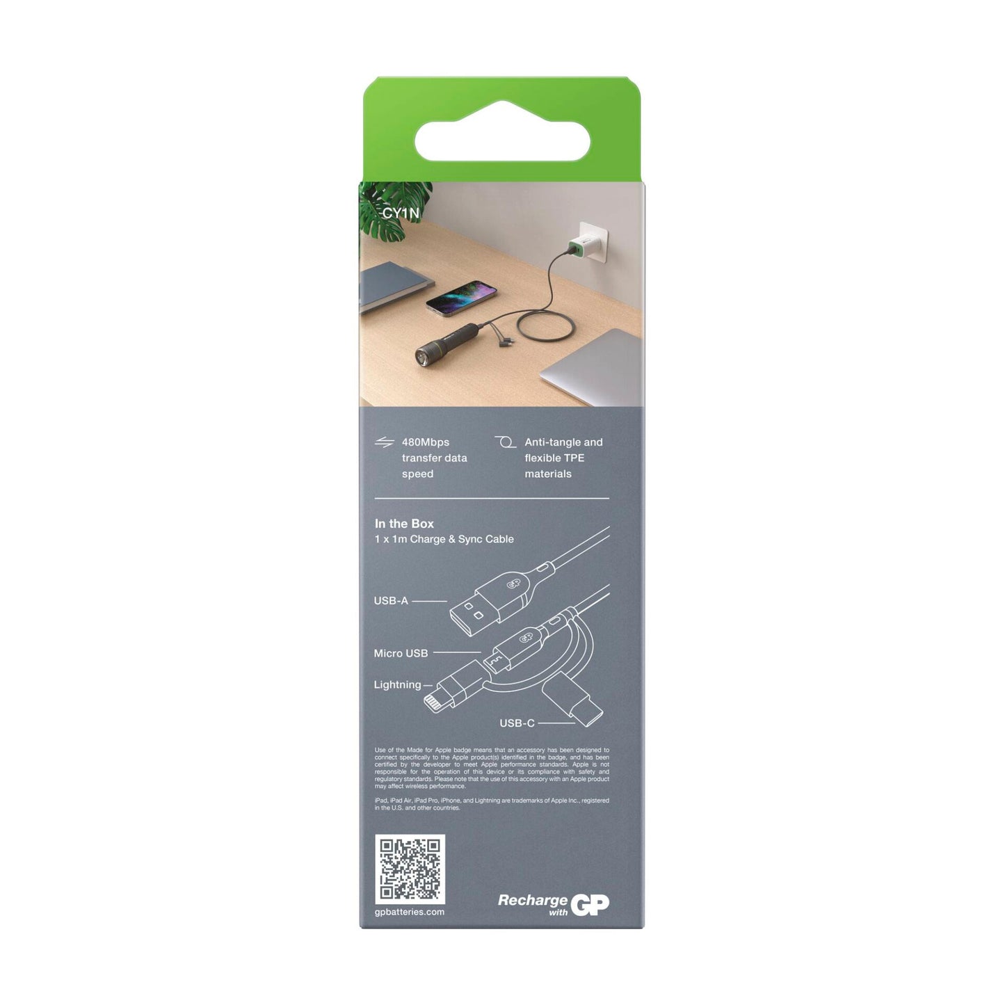 GP CY1N Lade & Sync Cable 1m 3in1 USB-A to Micro/USB-C/Light