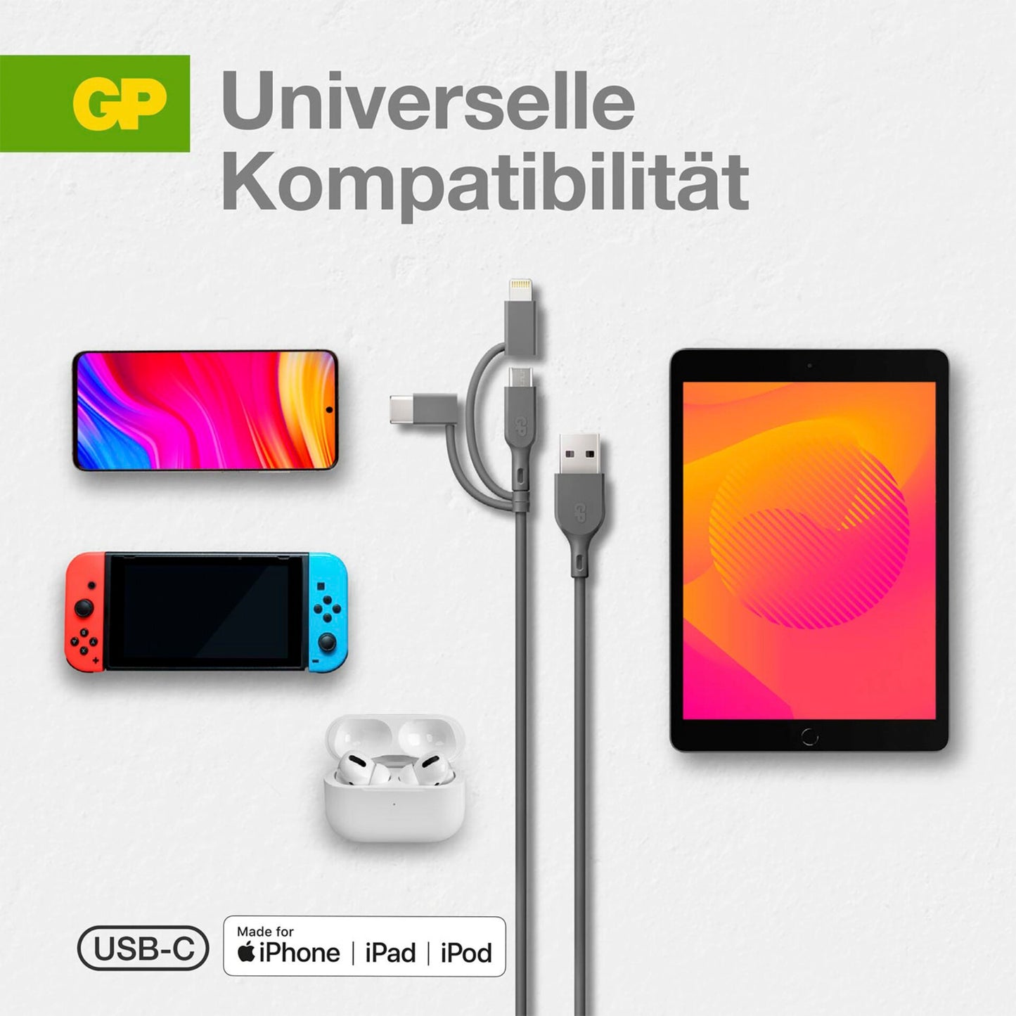 GP CY1N Lade & Sync Cable 1m 3in1 USB-A to Micro/USB-C/Light