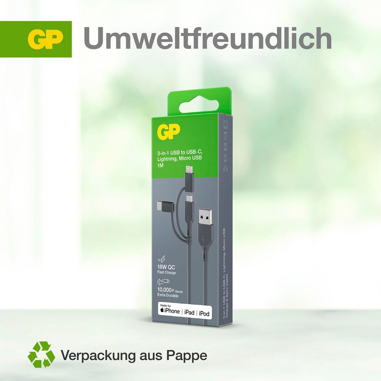 GP CY1N Lade & Sync Cable 1m 3in1 USB-A to Micro/USB-C/Light
