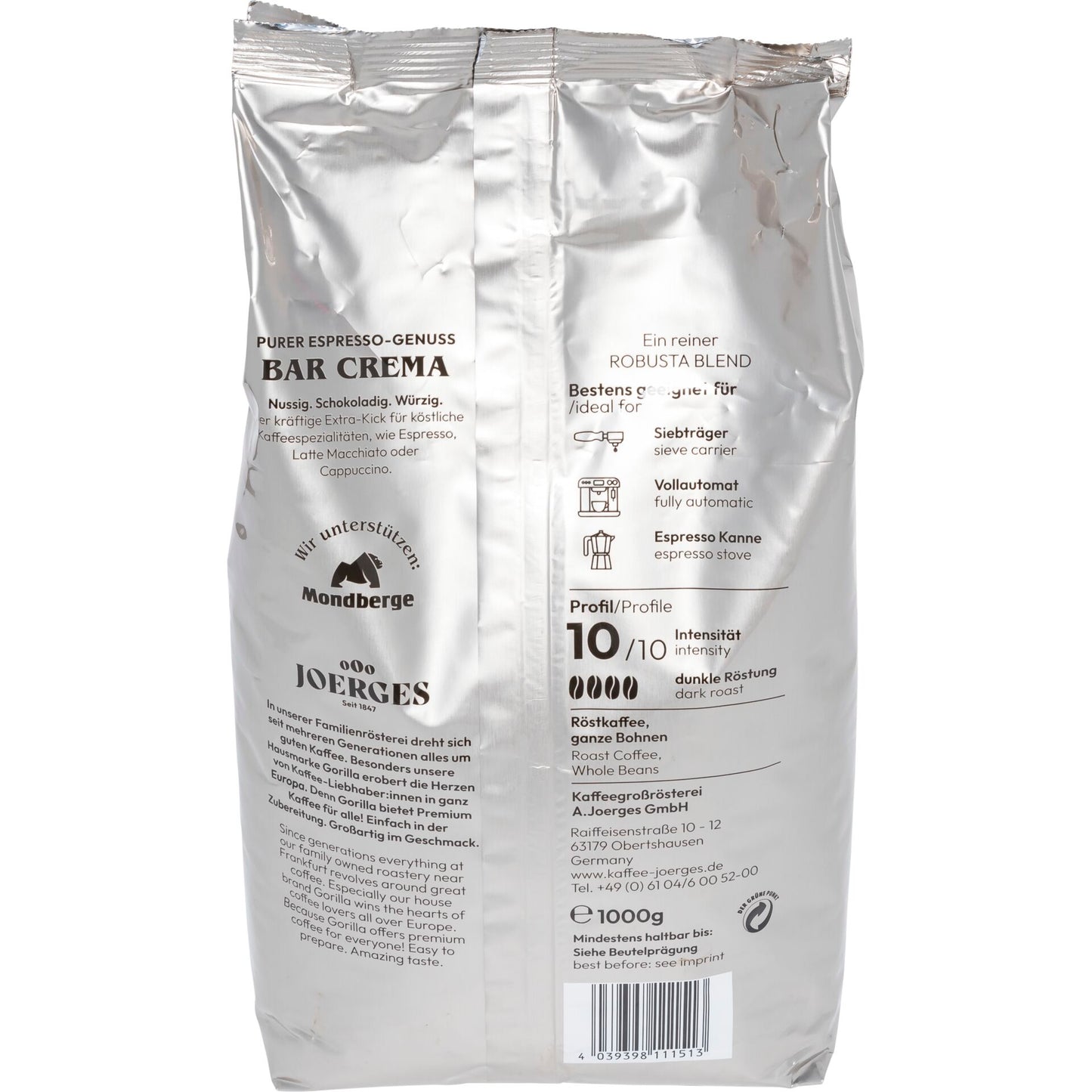 Joerges Espresso Gorilla Bar Crema 1 kg