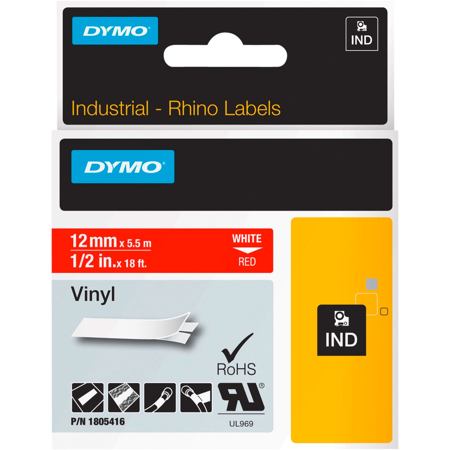 Dymo Rhino Label IND, Vinyl 12 mm x 5,5 m white to red