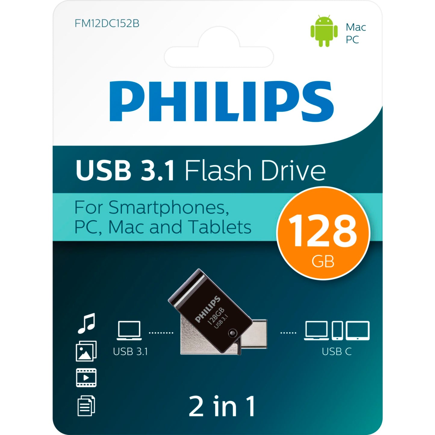 Philips 2 in 1 OTG 128GB USB 3.1 + USB C Midnight Black