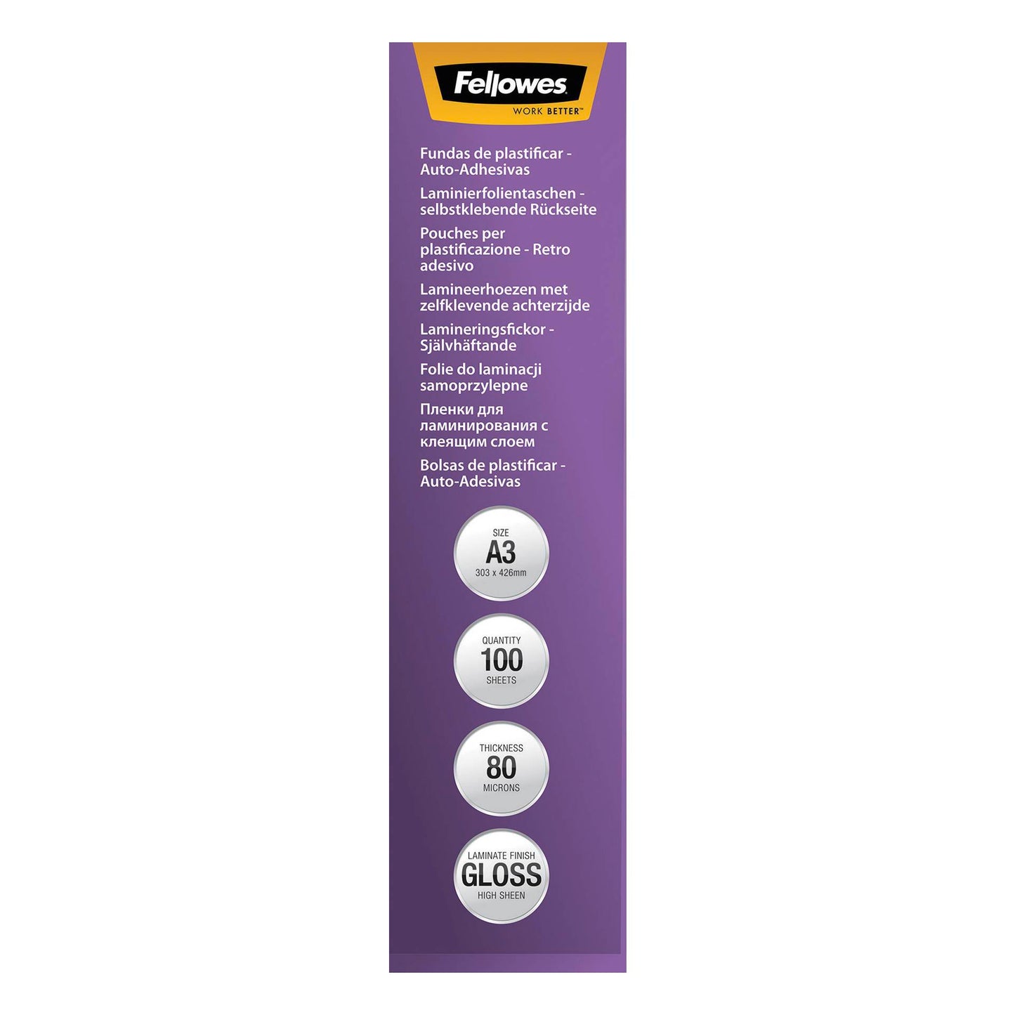 Fellowes Peel and stick pouches adhesive back, 80 micron, A3