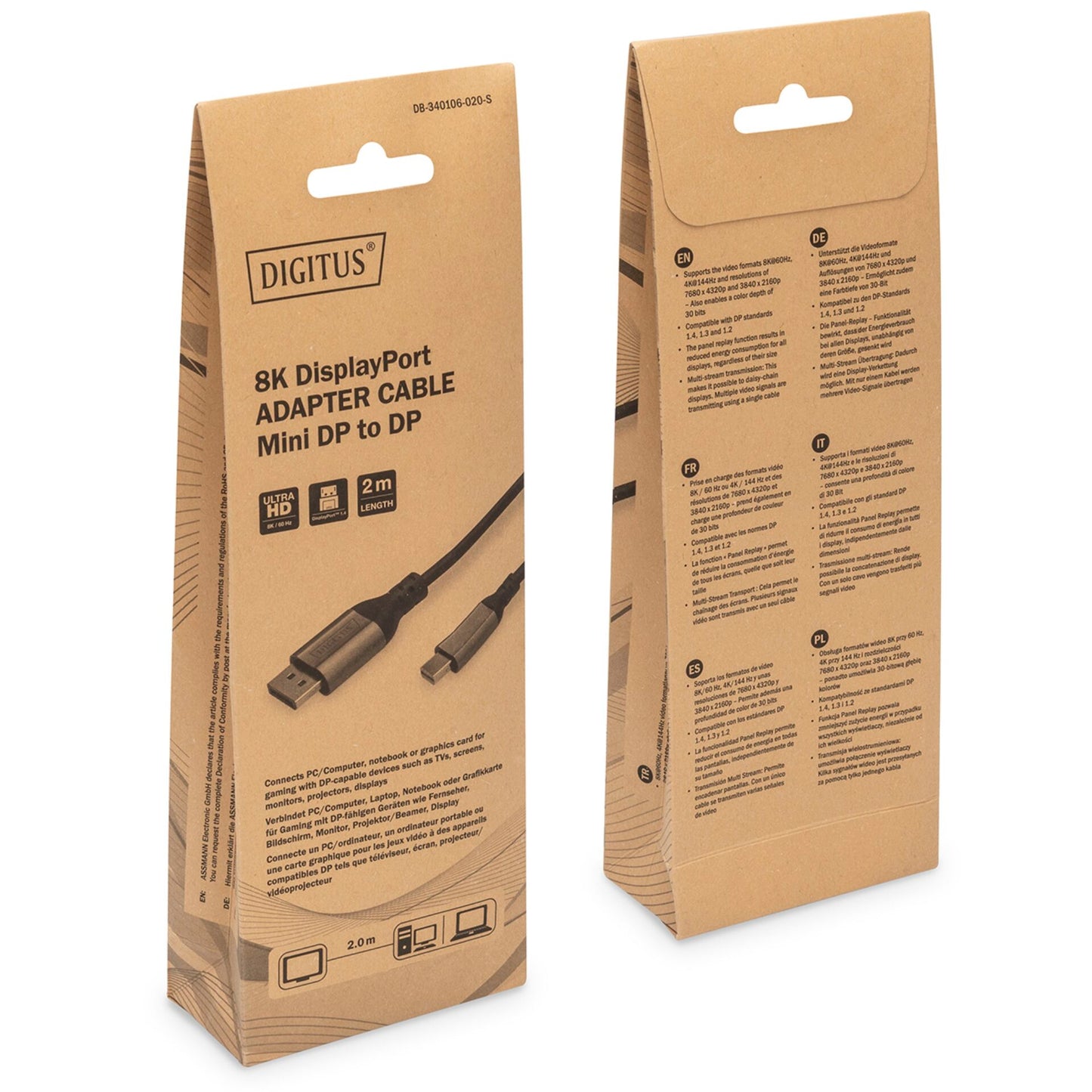 DIGITUS 8K DisplayPort Cable 1.4 60Hz, mini DP/DP, Alu black 2m