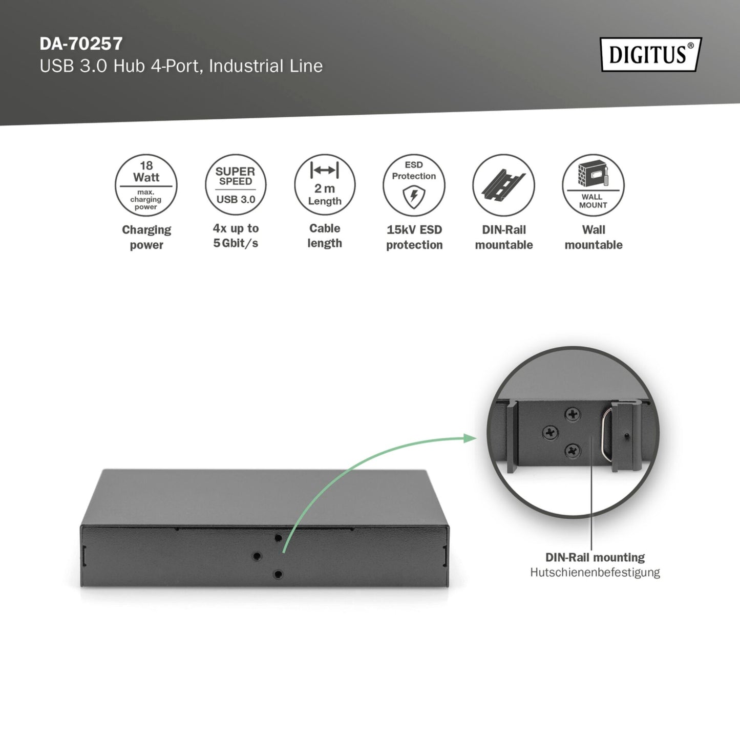 DIGITUS USB 3.0 Hub 4-Port Industrial Line 15-kV-ESD