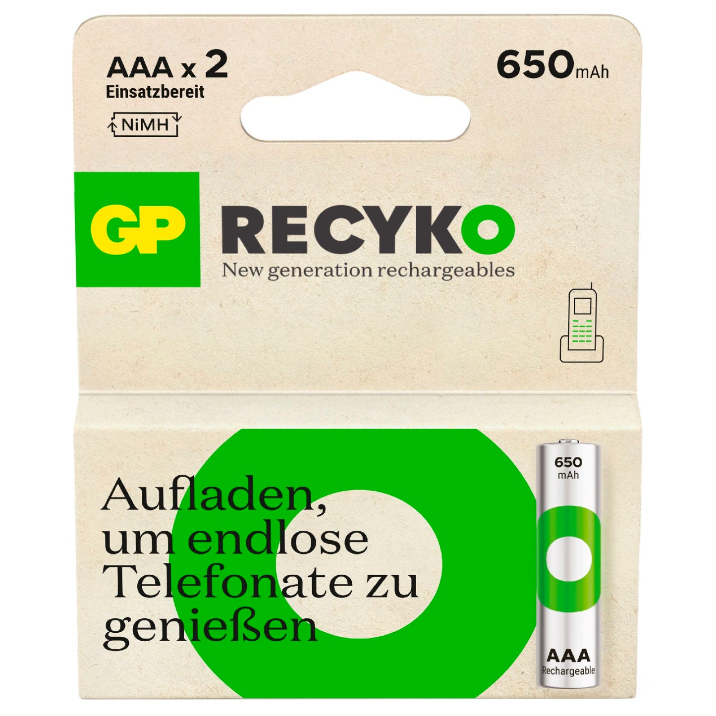 1x2 GP ReCyko NiMH Batteries AAA 650mAh DECT-Telephone