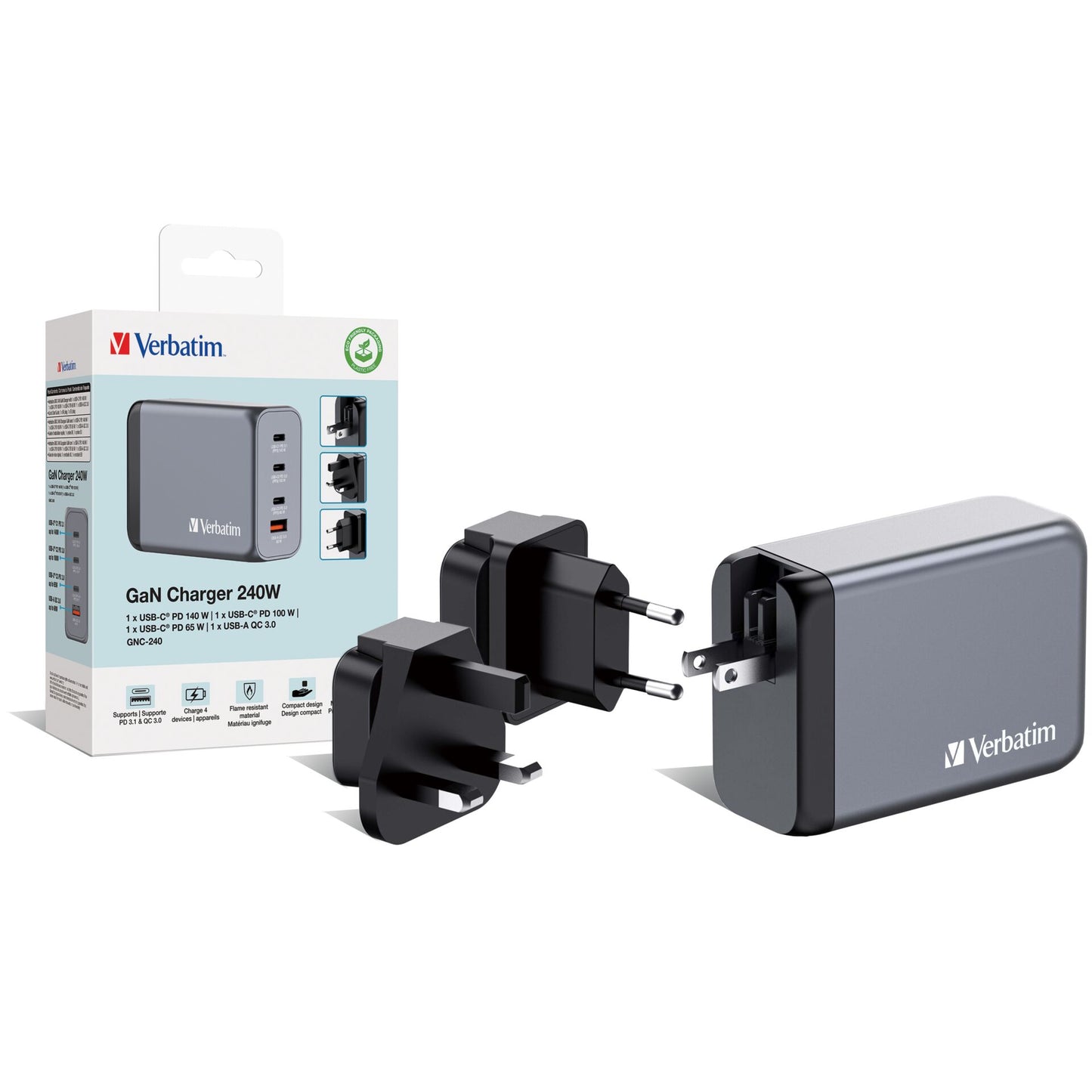 Verbatim GNC-240 GaN Charg. 240W 3xUSB-C PD, 1xUSB-A QC 3.0 32205