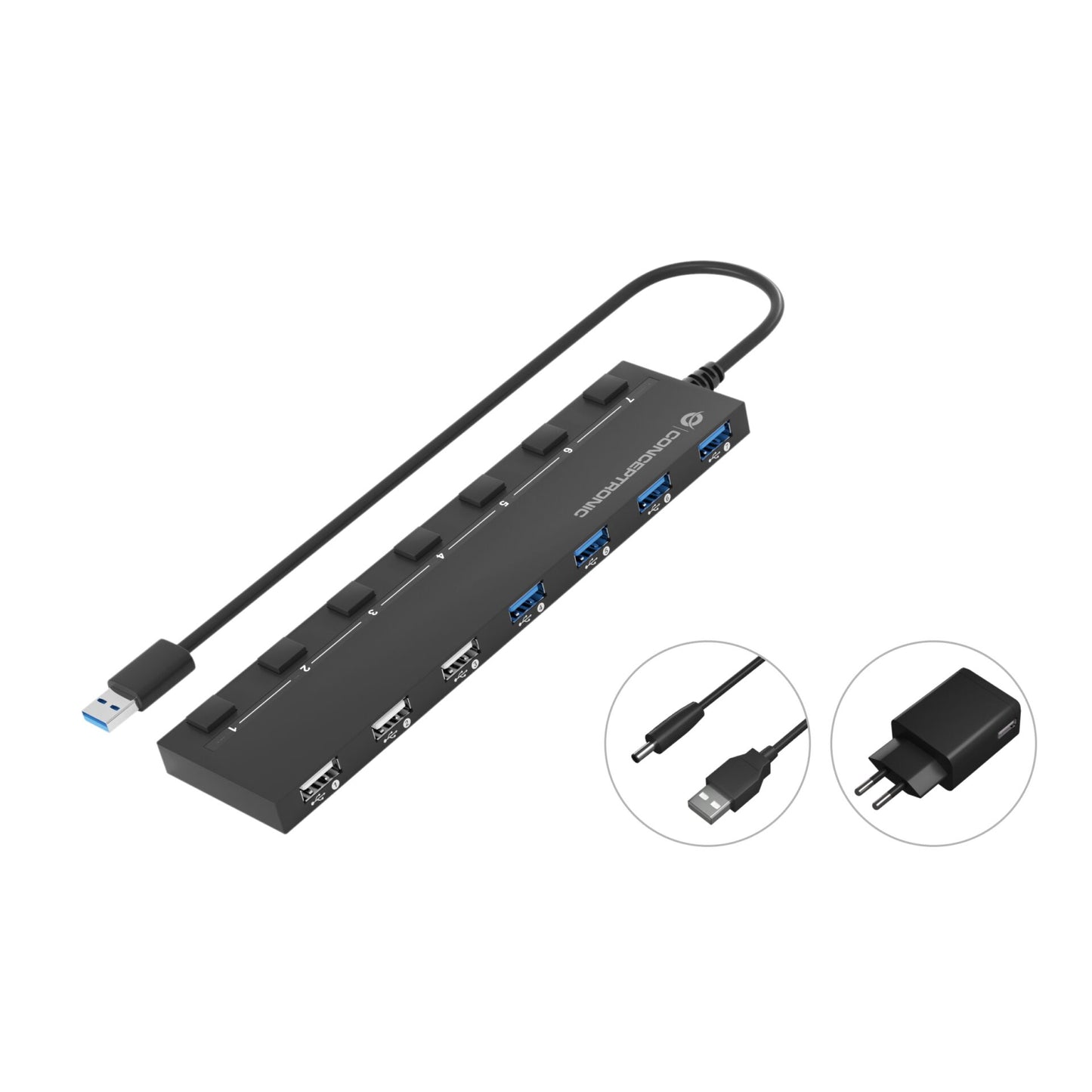 Conceptronic HUBBIES09BP 7-Port USB 3.0/2.0-Hub, Power Adapter