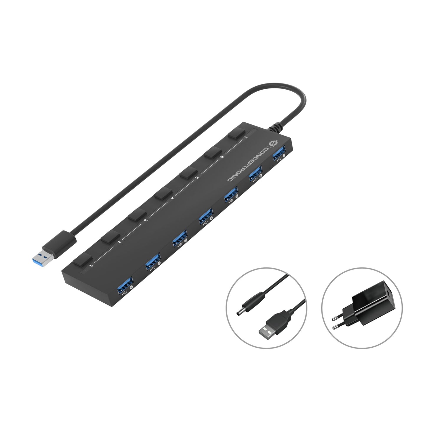 Conceptronic HUBBIES19BP 7-Port USB 3.0-Hub with Power Adapter
