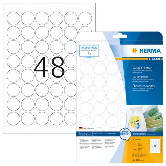 Herma Round Labels 30mm white 25 Sheets 1200 pcs.  4387