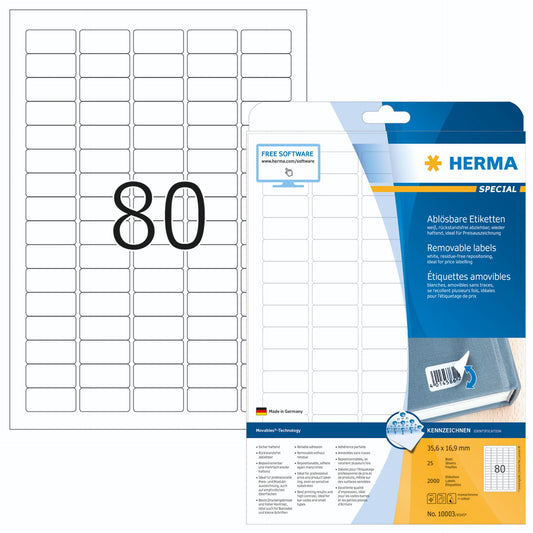 Herma Labels white  35,6x16,9 mm 25 sheet 2000 pcs remov.   10003