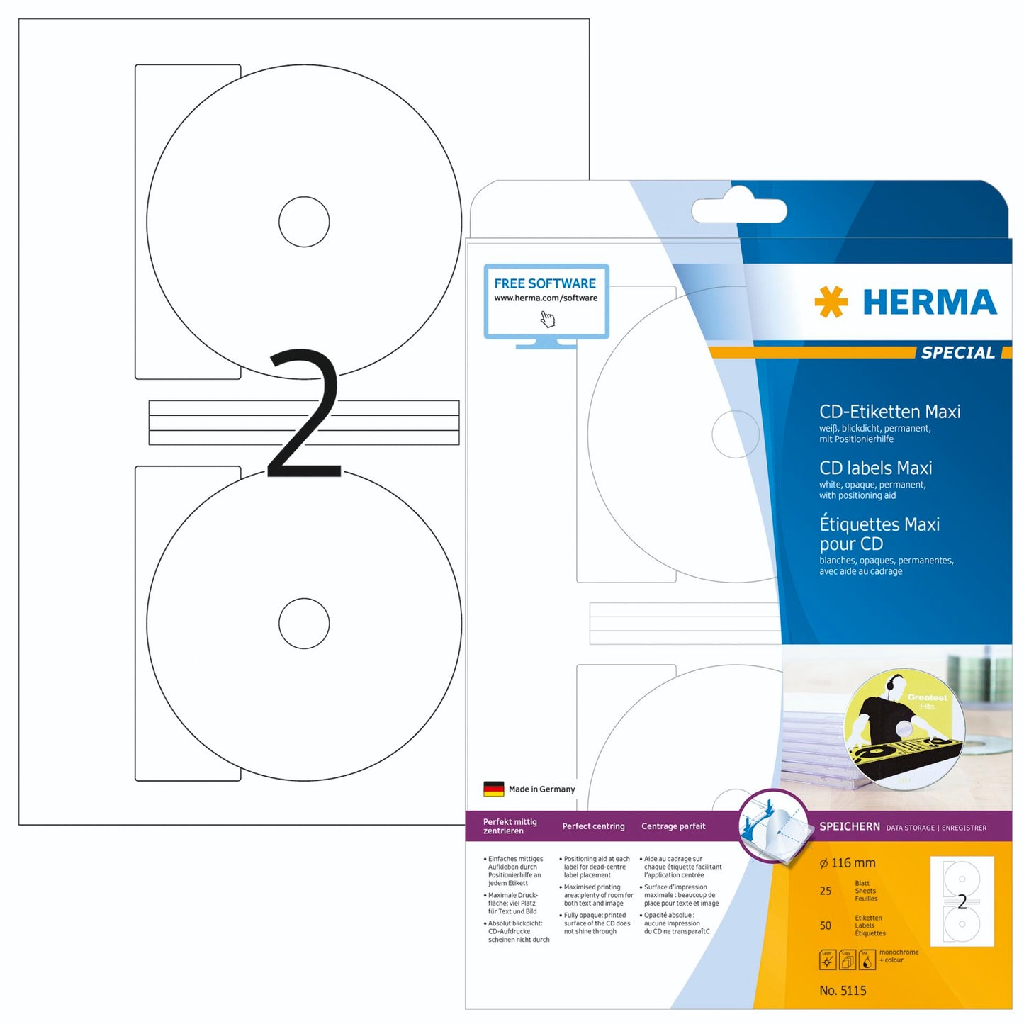 Herma CD-labels 116 25 Sheets DIN A4 50 pcs   5115