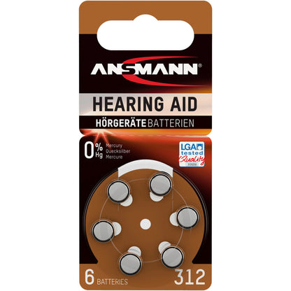 1x6 Ansmann Zinc-Air 312 (PR41) Hearing Aid Batteries