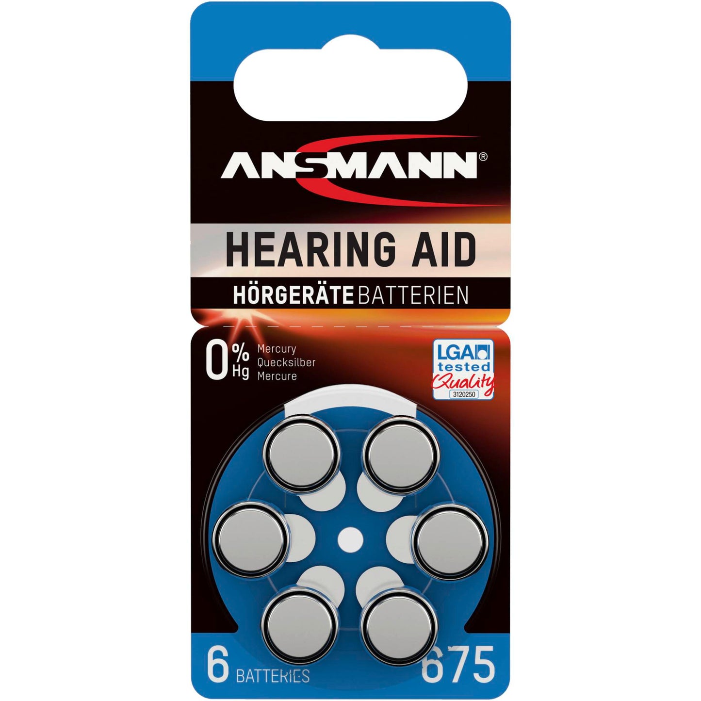 1x6 Ansmann Zinc-Air 675 (PR44) Hearing Aid Batteries