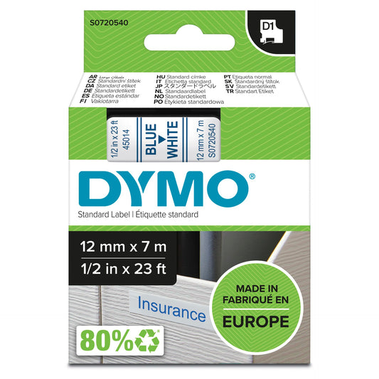 Dymo D1 12mm Blue/White labels 45014