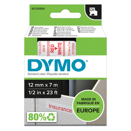 Dymo D1 12mm Red/White labels 45015