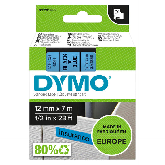 Dymo D1 12mm Black/Blue labels 45016