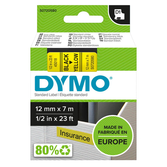 Dymo D1 12mm Black/Yellow labels 45018