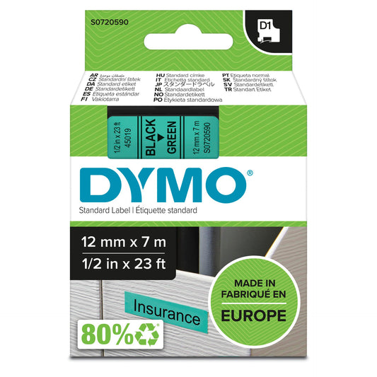 Dymo D1 12mm Black/Green labels 45019