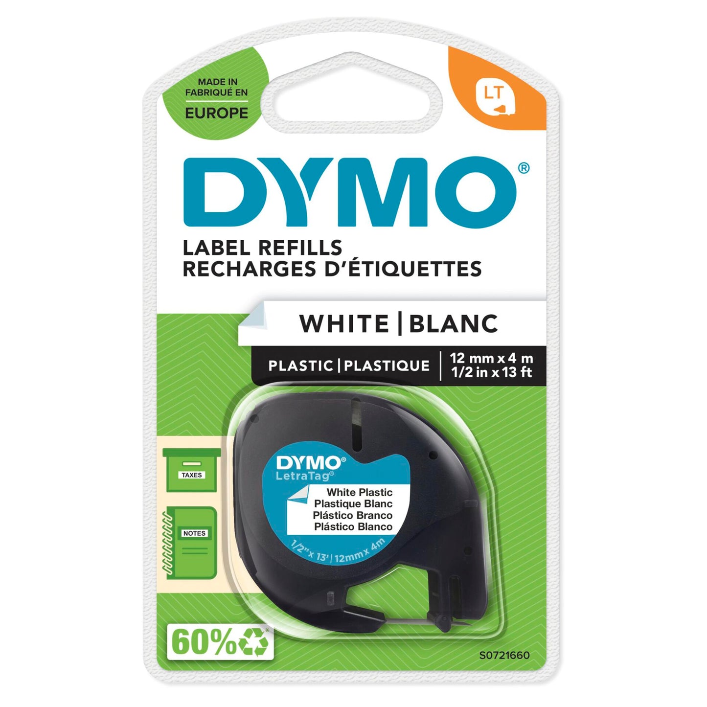 Dymo Letratag Plastic tape white 12mm x 4m            91221