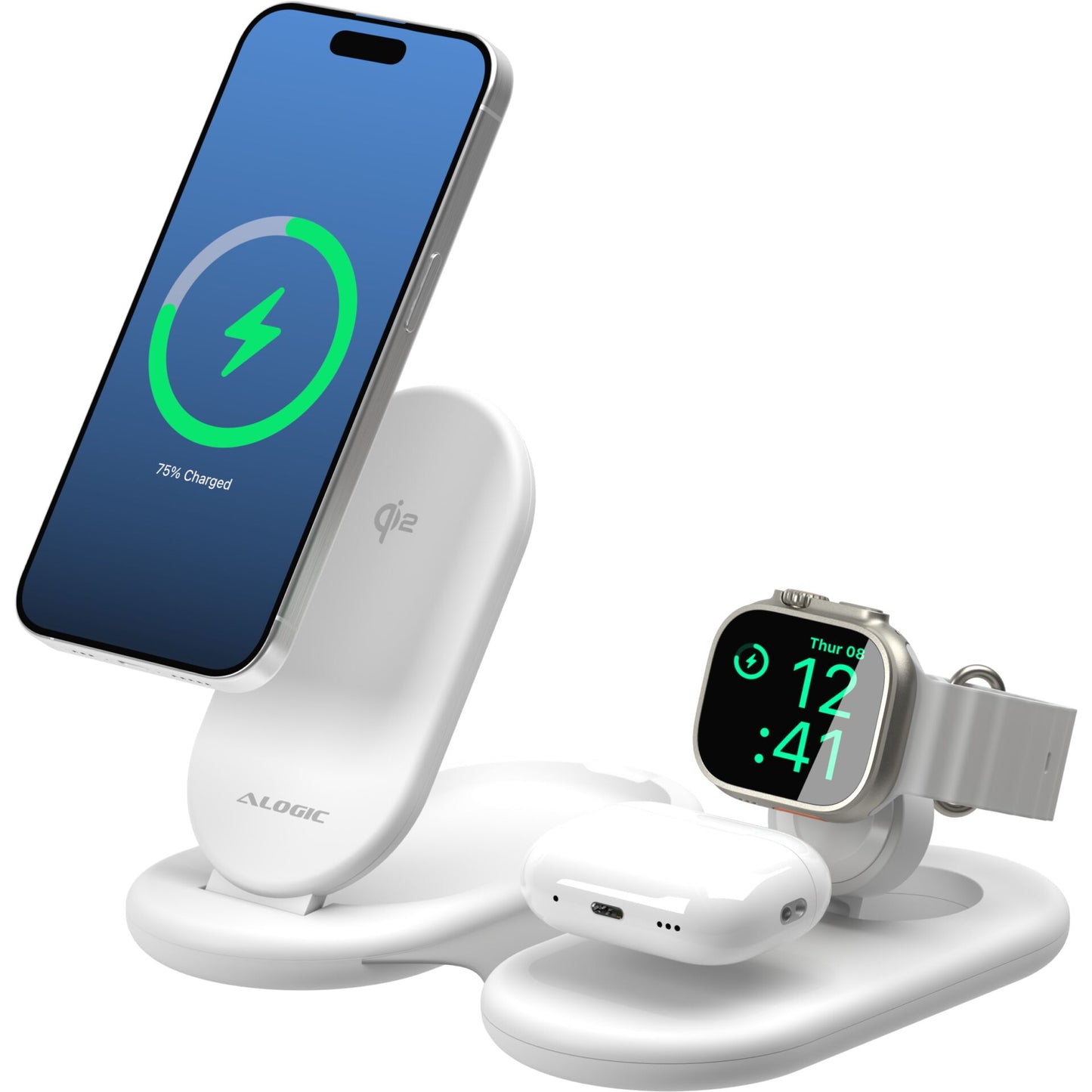 Alogic PackAway 3-in-1 Qi2 Wireless Charging Stand White