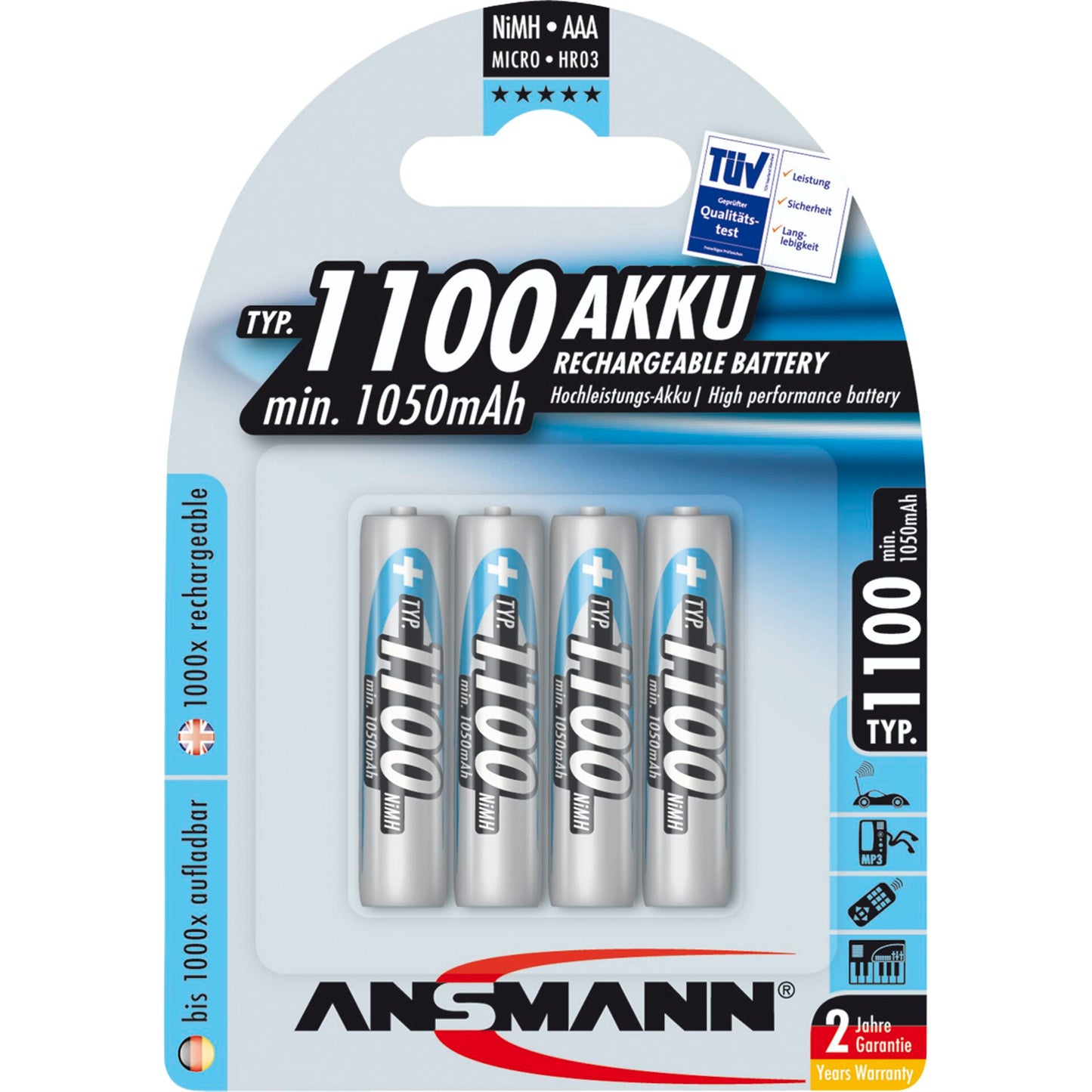 1x4 Ansmann NiMH rech. battery 1100 Micro AAA 1050 mAh