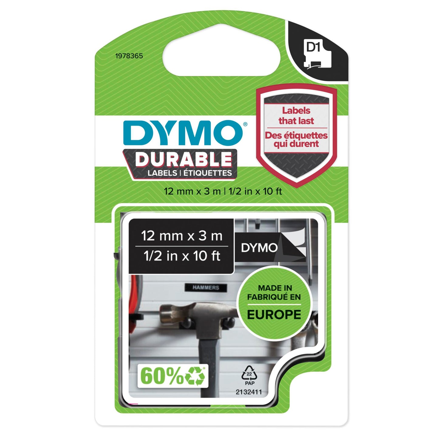 Dymo D1 Durable Labels 12 mm x 3 m white to black