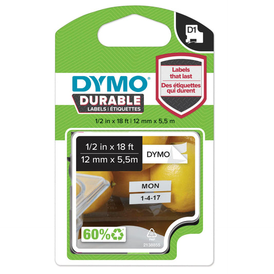 Dymo D1 Durable Labels 12 mm x 5,5 m black to white
