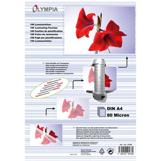 1x100 Olympia Laminating pouches DIN A4 80 micron            9166