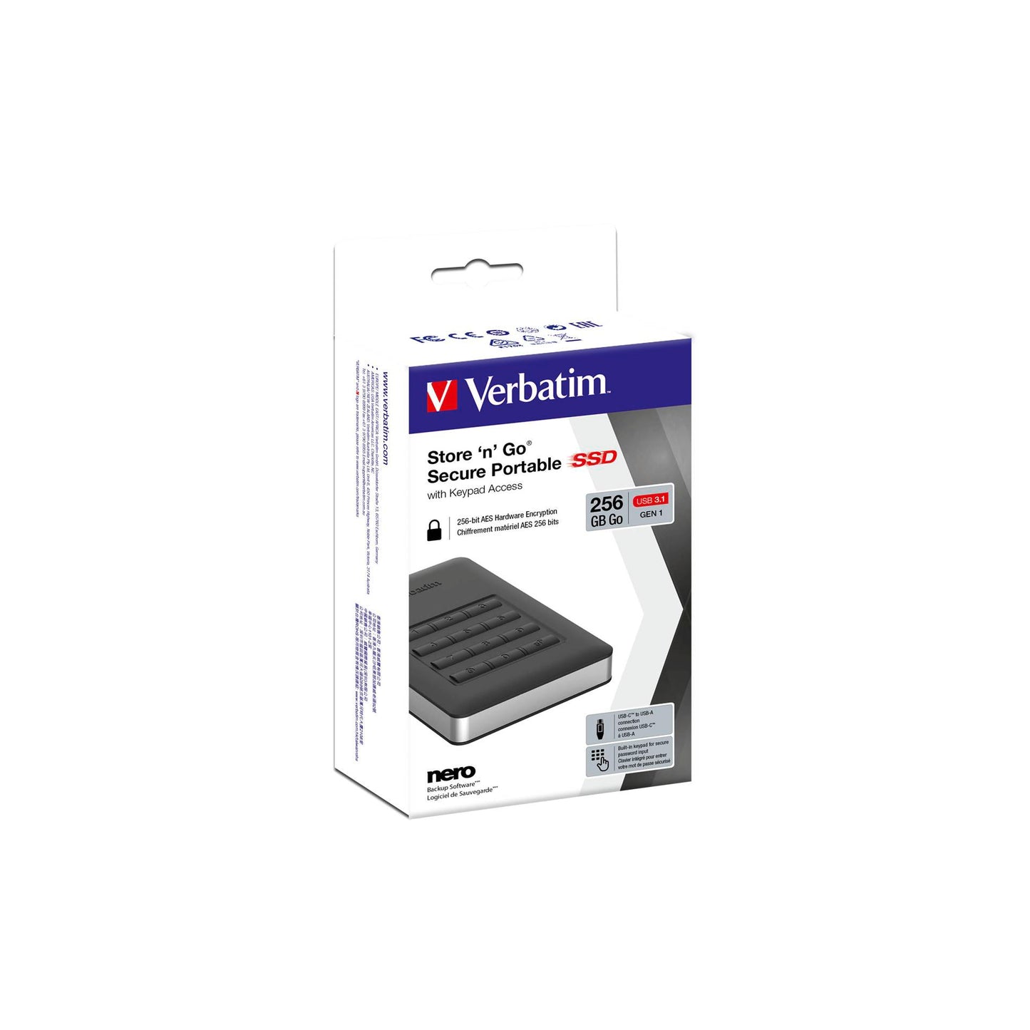 Verbatim Store n Go SSD    256GB Secure Portable USB 3.1    53402