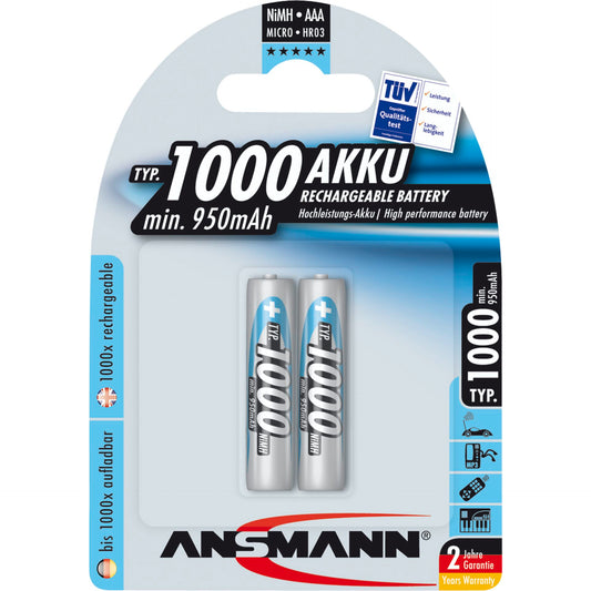 1x2 Ansmann NiMH rech. battery 1000 Micro AAA 950 mAh