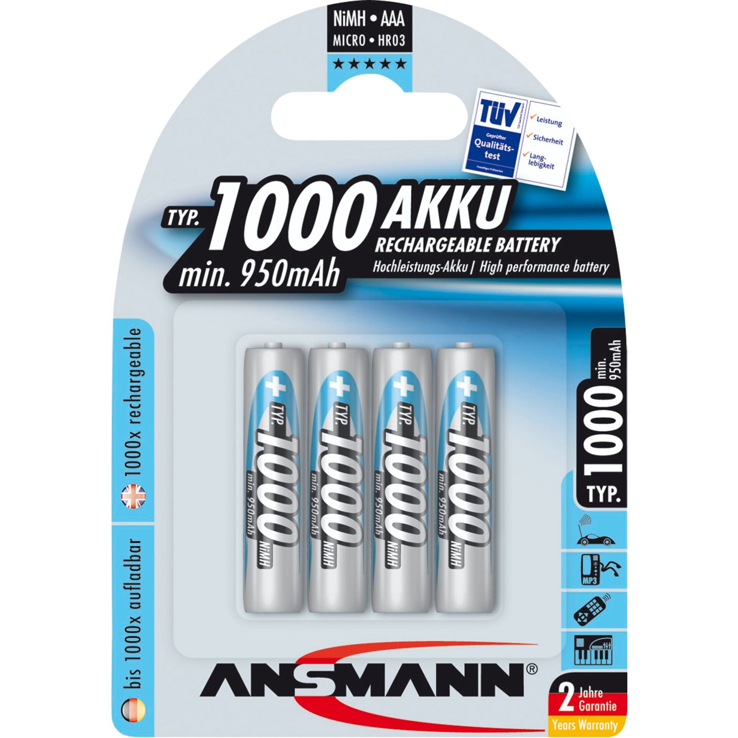1x4 Ansmann NiMH rech. battery 1000 Micro AAA 950 mAh