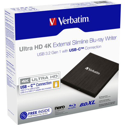 Verbatim Slimline Blu-ray Writer USB 3.1 GEN 1 USB-C Ultra HD 4K