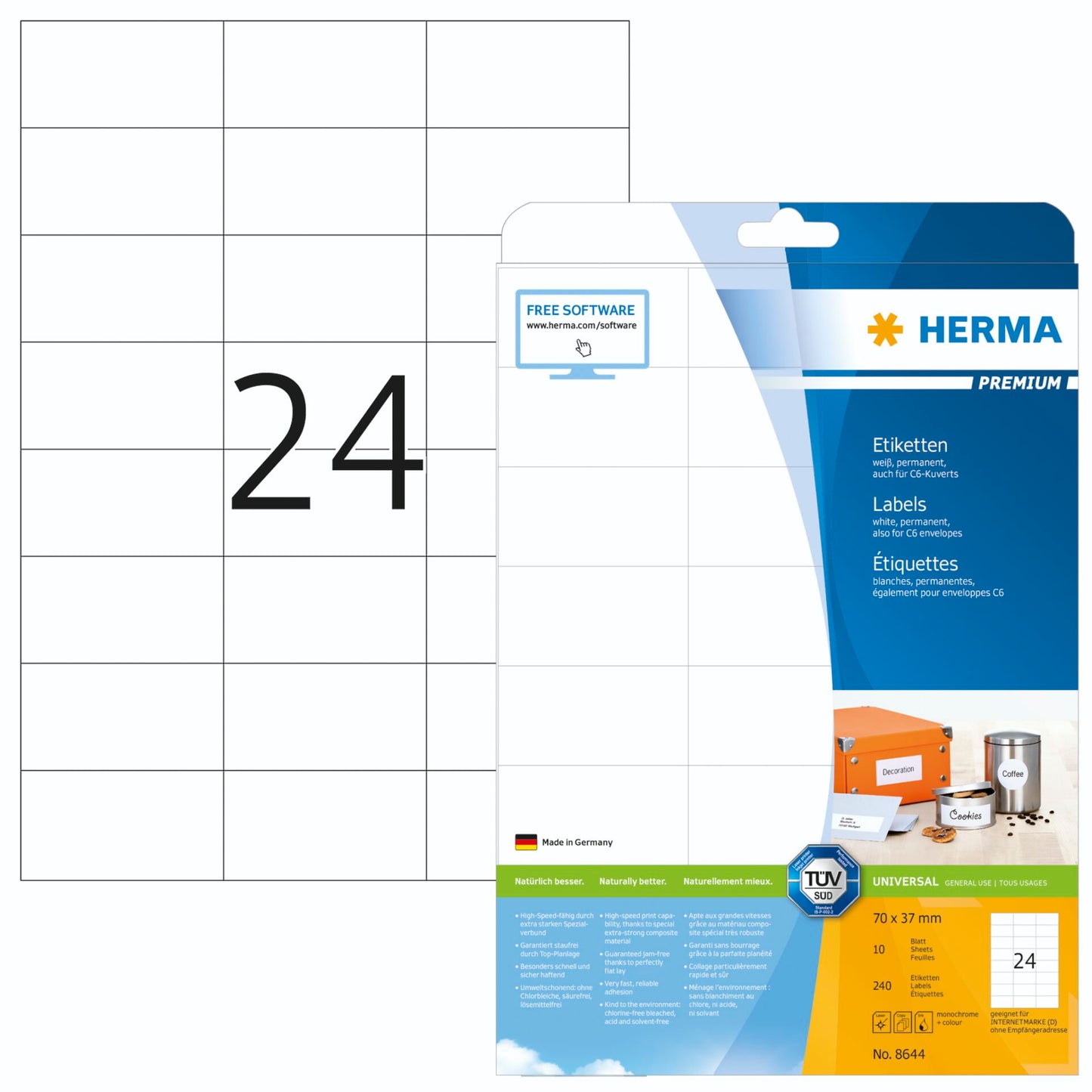 Herma Labels 70x37 white 10 Sheets DIN A4 240 pcs. 8644
