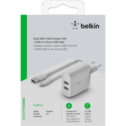 Belkin Dual USB-A Charger, 24W incl. Micro-USB Cable 1m, white