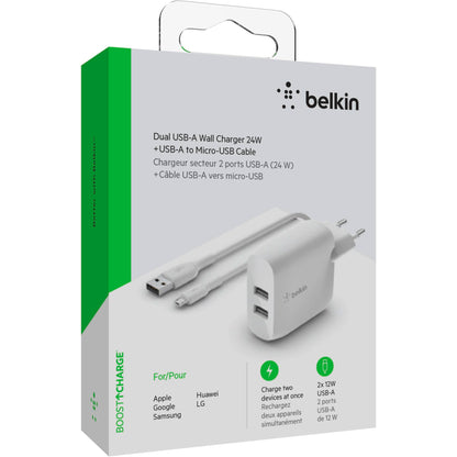 Belkin Dual USB-A Charger, 24W incl. Micro-USB Cable 1m, white