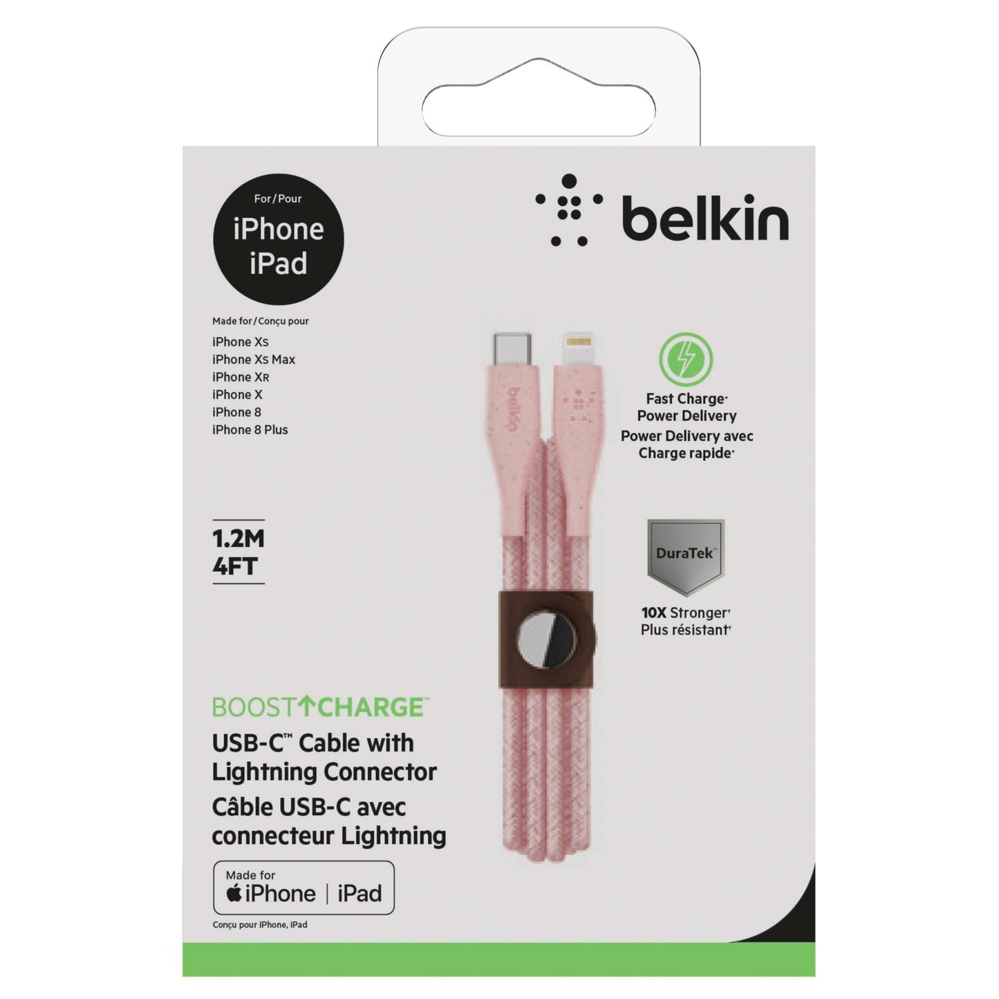 Belkin DuraTek Plus Lightning / USB-C, 1,2m, pink, mfi cert.